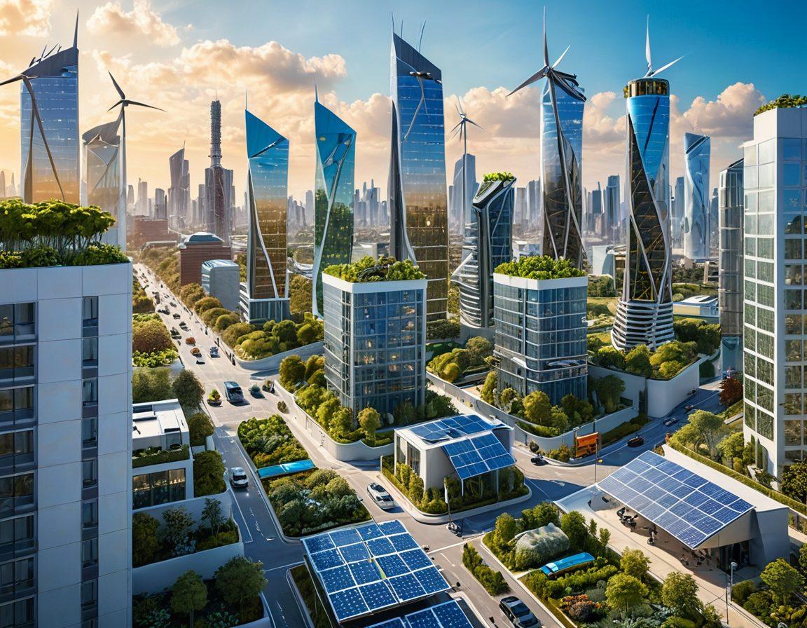 A futuristic cityscape featuring solar-powered skyscrapers, wind turbines, and electric vehicles zooming through clean streets. Gardens on rooftops and drones planting trees. Families using eco-friendly gadgets like solar chargers and smart thermostats. Vibrant colors. super-realistic.