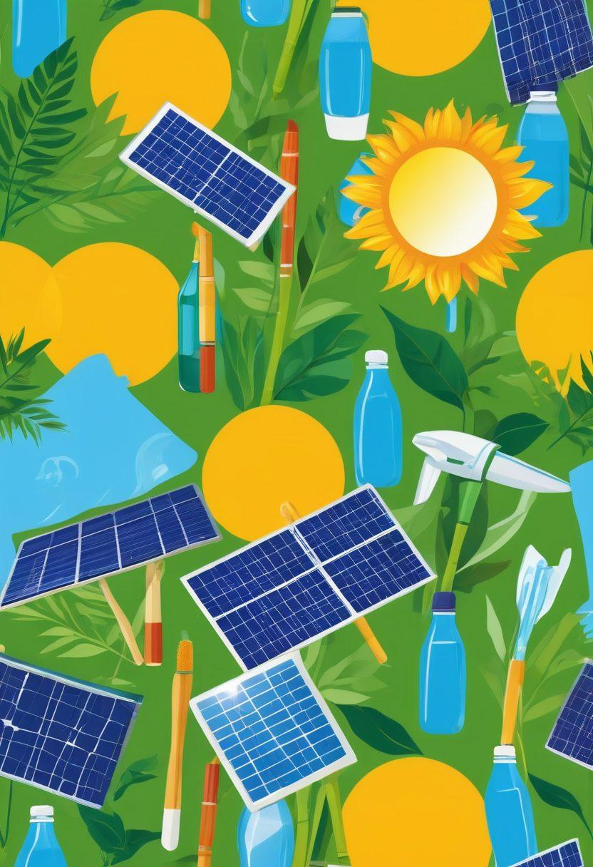 A vibrant collage of various sustainable products like solar panels, wind turbines, bamboo toothbrushes, reusable water bottles, and eco-friendly packaging, all against a lush green background with a radiant sun and clear blue sky. The image should evoke a sense of harmony and environmental responsibility. Vector art. Vibrant colors.