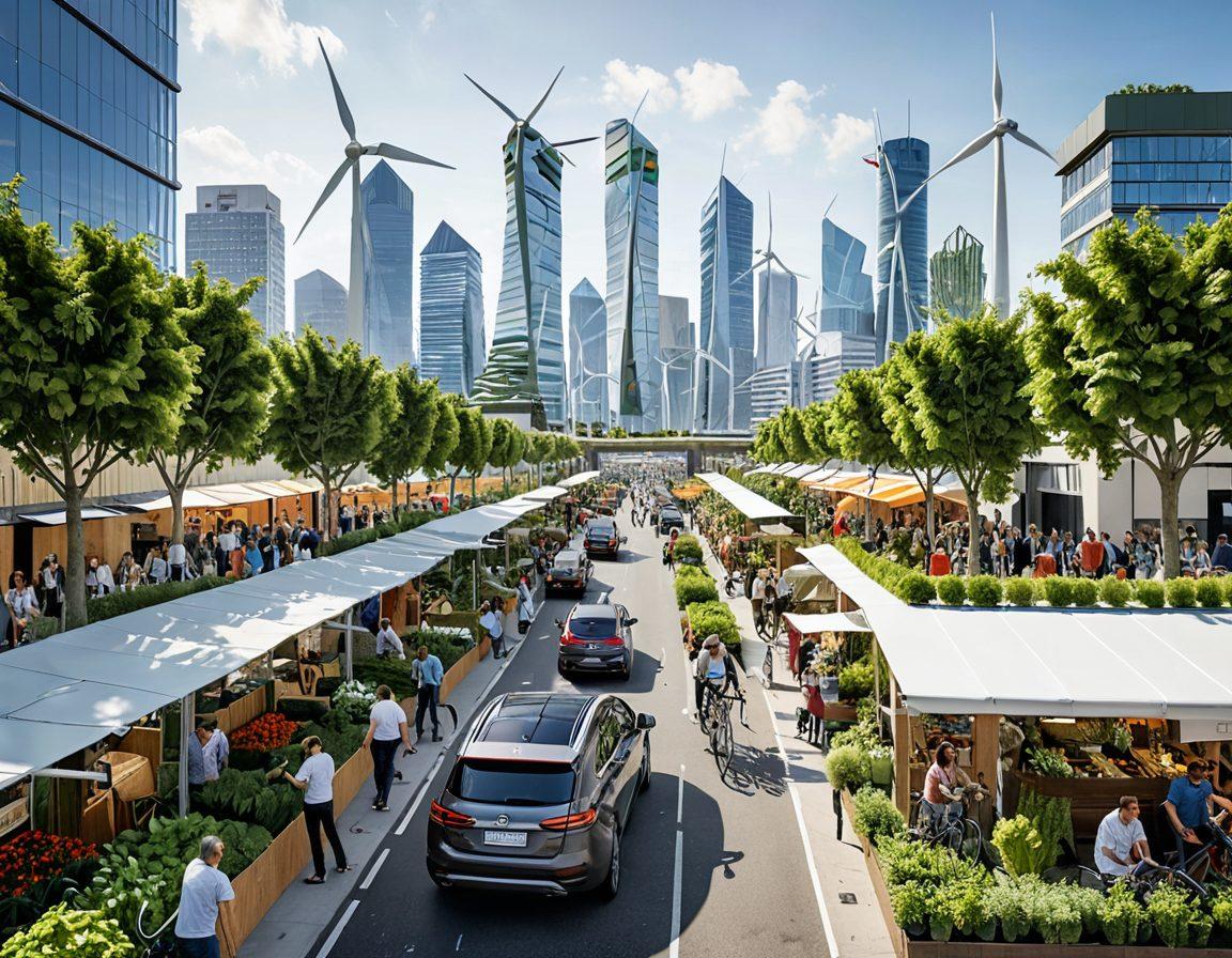 A vibrant, lush green cityscape showcasing modern eco-friendly innovations: solar-paneled skyscrapers, electric cars, vertical gardens on buildings, and people using bicycles. Include wind turbines in the background and a bustling community market with renewable energy stalls. super-realistic. vibrant colors. white background.